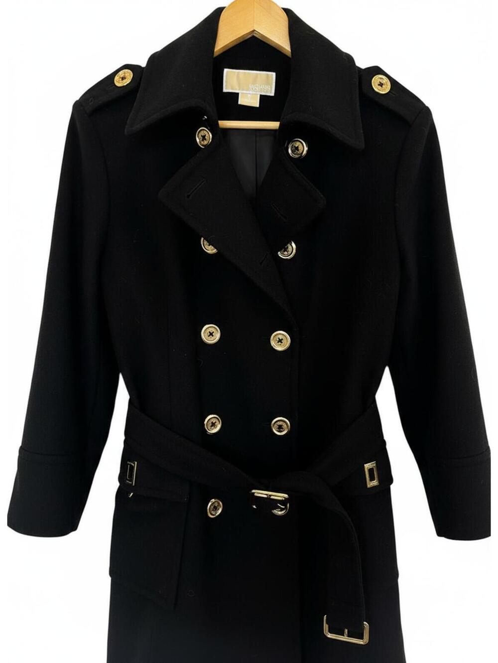 🖤 Michael Kors Luxe Coat ✨ Gold Buttons Belted Jacket Size 12
